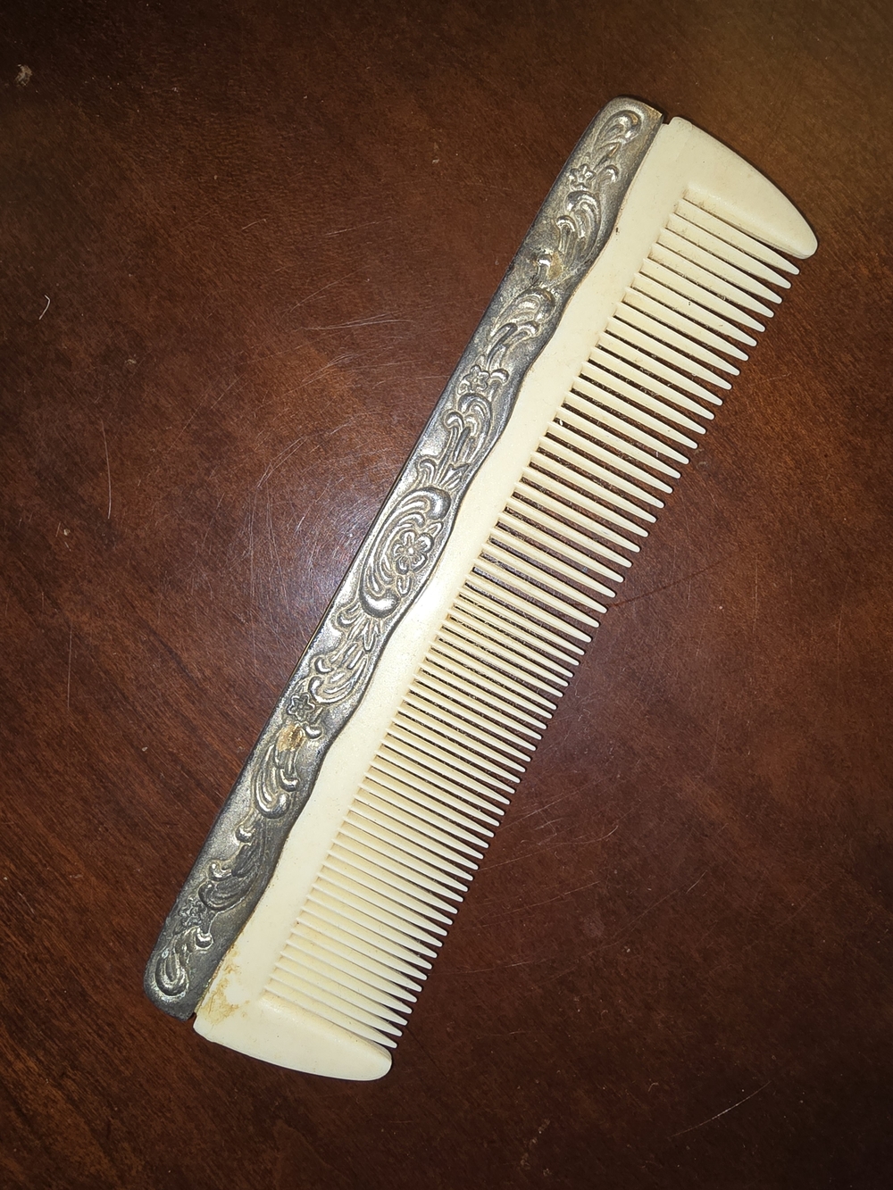Ivory Pocket Comb with Decorative Silver-Tone Inlay